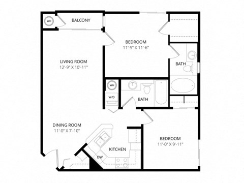Floor plan for 2 beds, 2 baths, 799 sqft